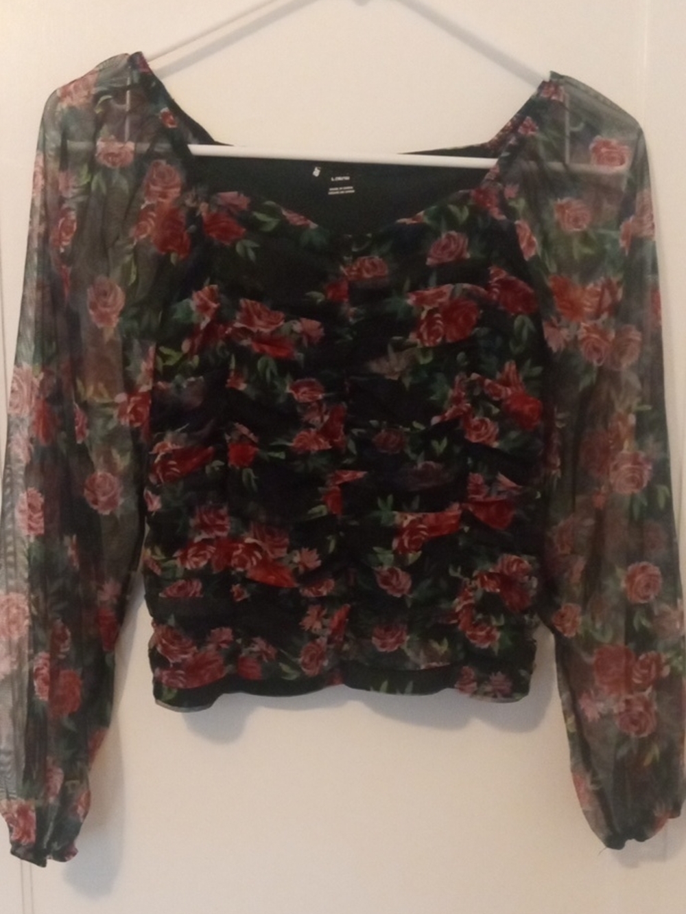 girl large rose print top, sheer sleeves